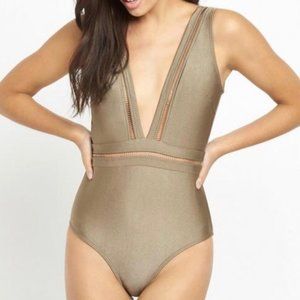Ted Baker Pointelle Deep V-Neck One Piece Swimsuit Khaki 8 NWT